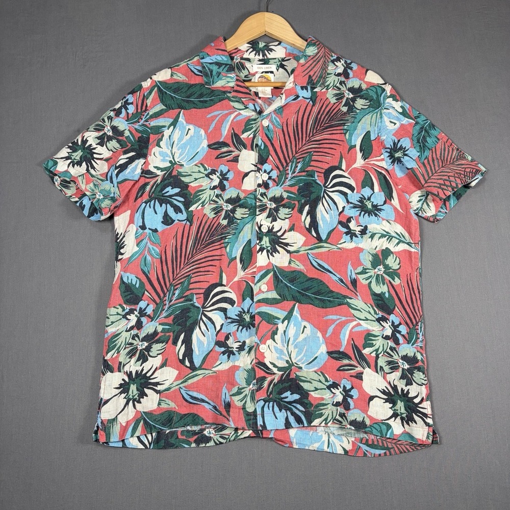 C&C California Linen Shirt Mens Medium  Floral Button Up Short Sleeve